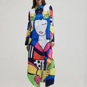 Art Decor Geometric Button Down Straight Fit Long Dress